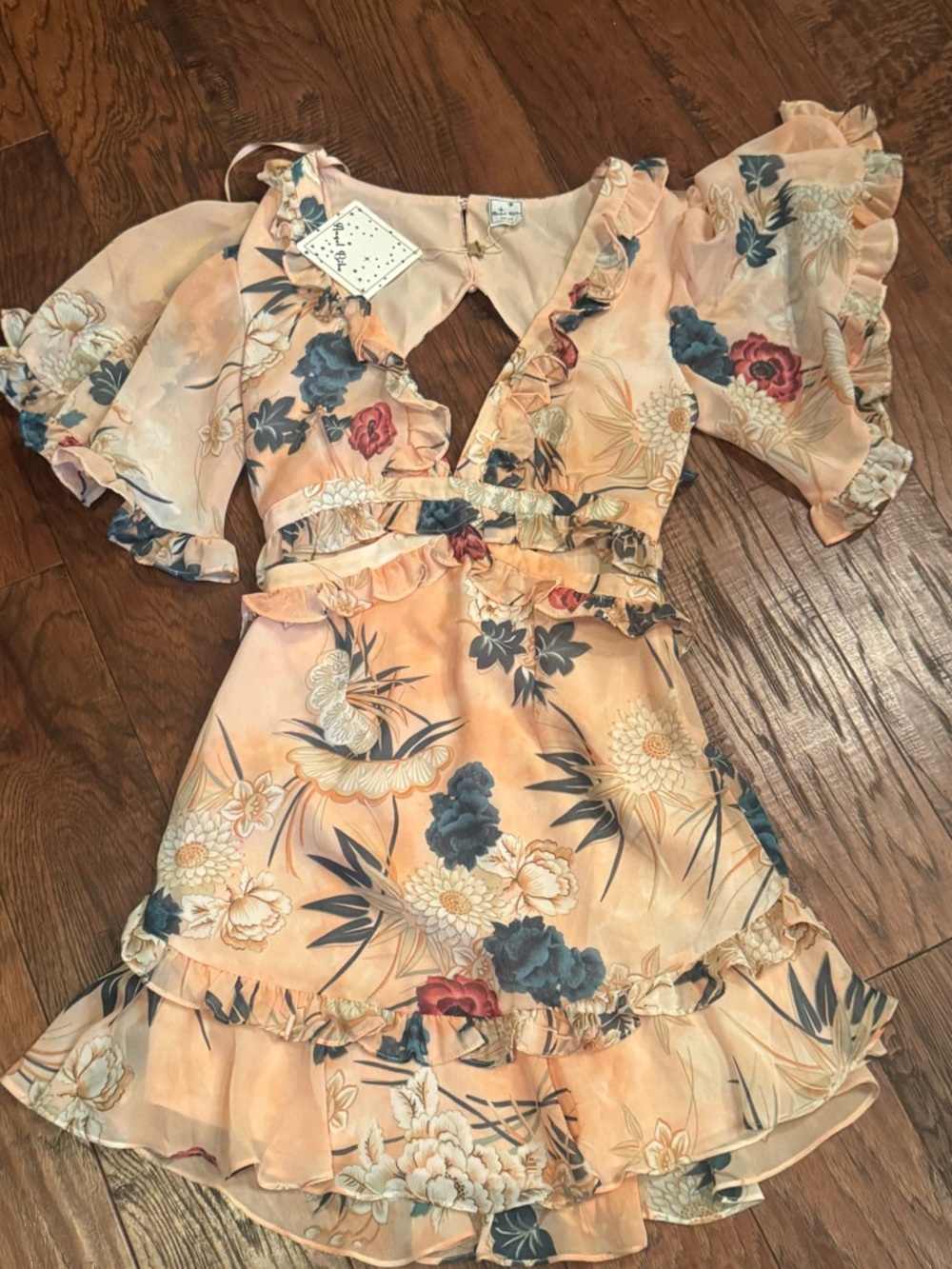 Angel Biba Peach Floral Ruffle Dress with Blue & Cream Accents